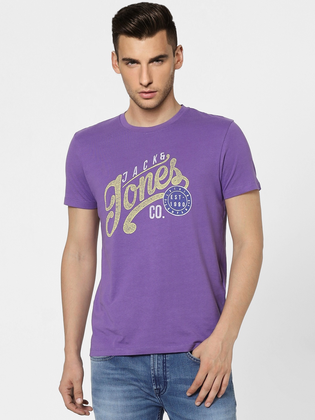 

Jack Jones Men Purple Brand Logo Printed Pure Cotton T-shirt