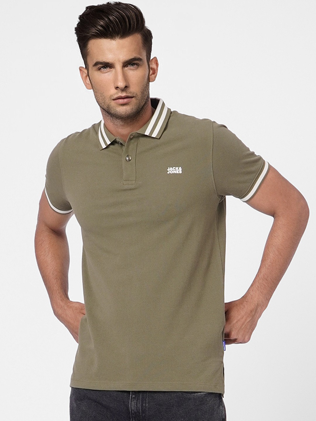 

Jack Jones Men Olive Green Polo Collar Slim Fit Pure Cotton T-shirt