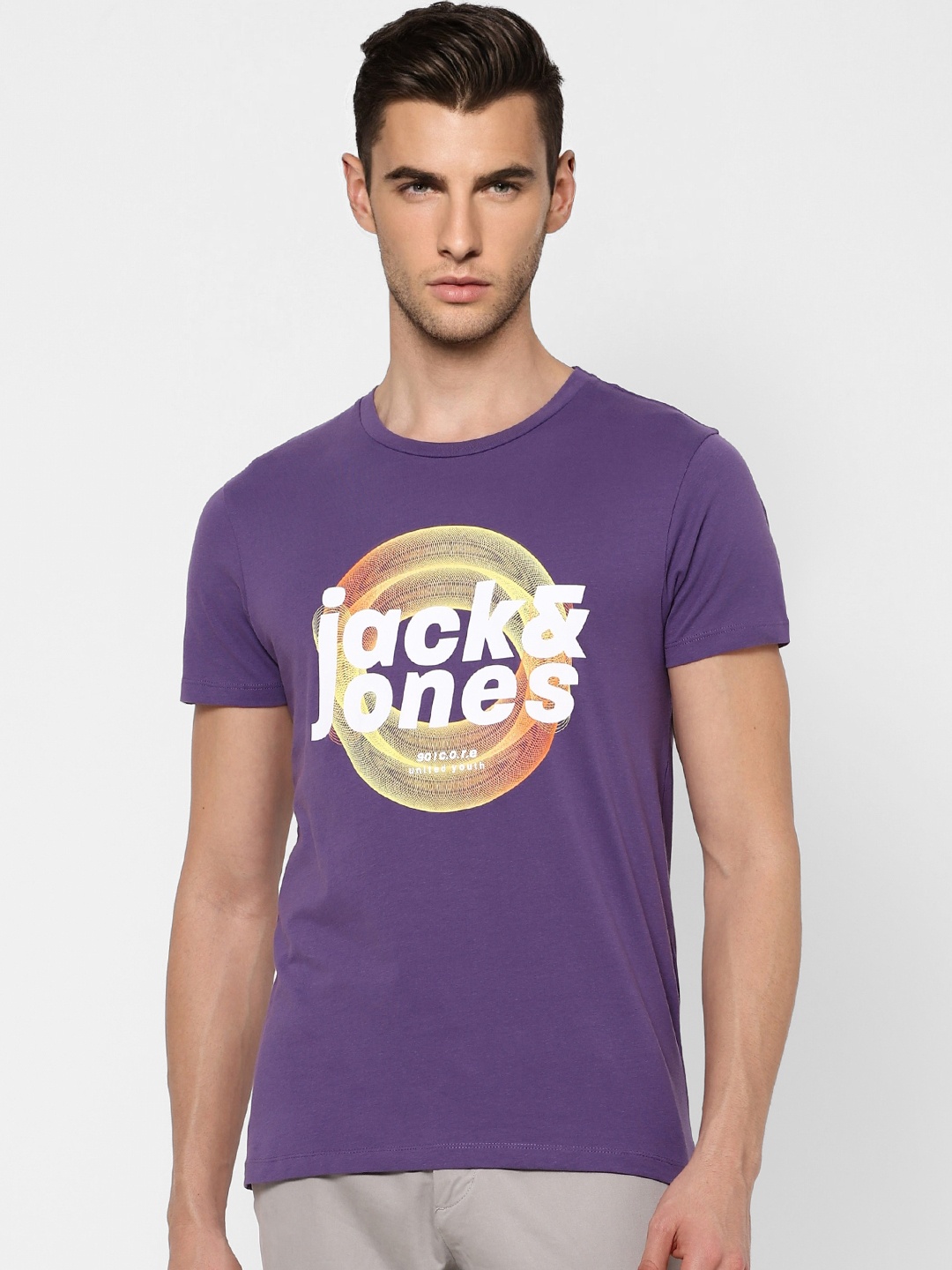 

Jack & Jones Men Purple Brand Logo Printed Slim Fit T-shirt