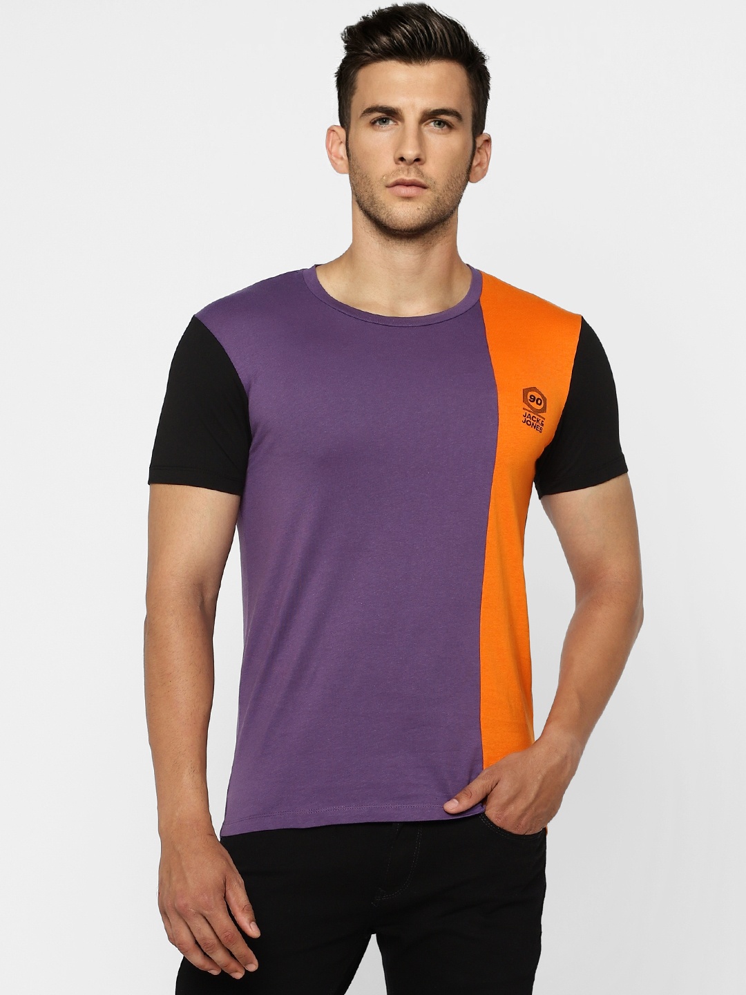 

Jack Jones Men Purple Orange Colourblocked Slim Fit Pure Cotton T-shirt