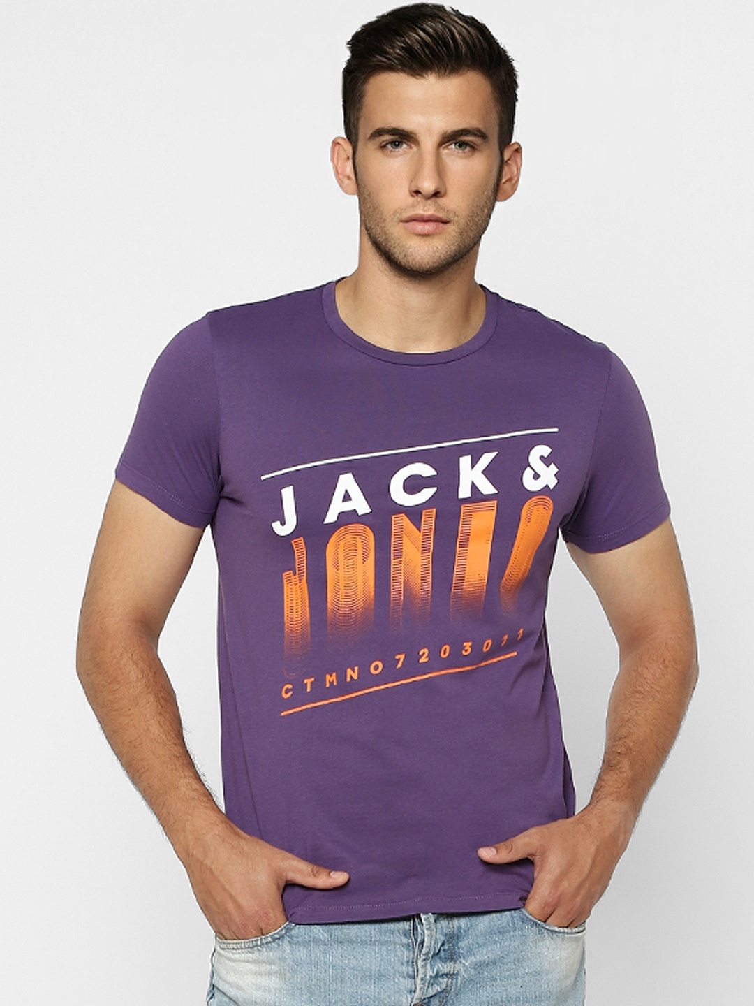 

Jack Jones Men Purple Brand Logo Printed Slim Fit Pure Cotton T-shirt