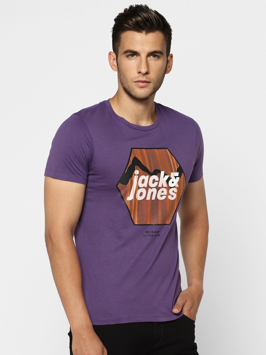 

Jack & Jones Men Purple Brand Logo Printed Slim Fit T-shirt
