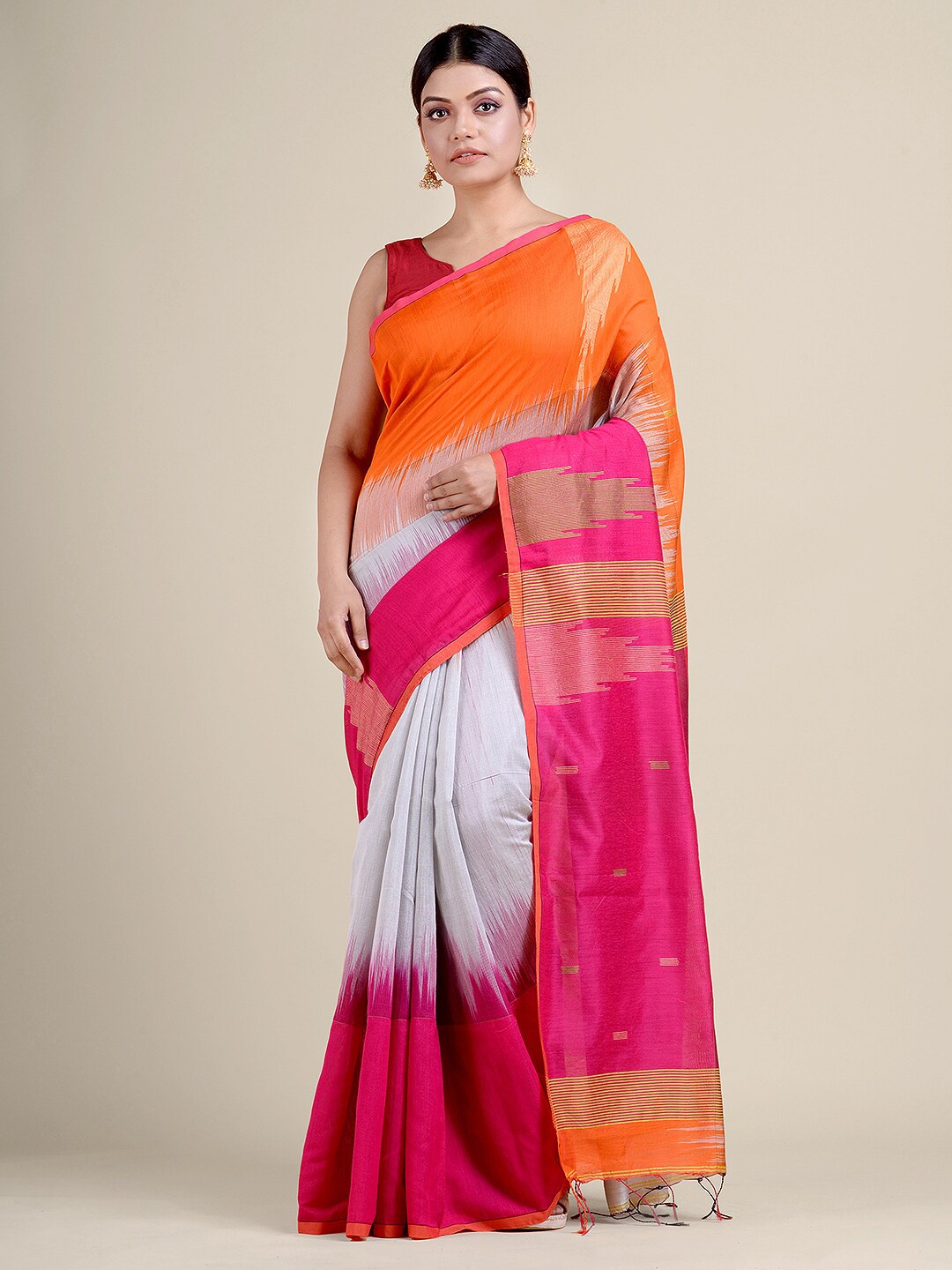 

Charukriti Off White & Pink Woven Design Ikat Saree