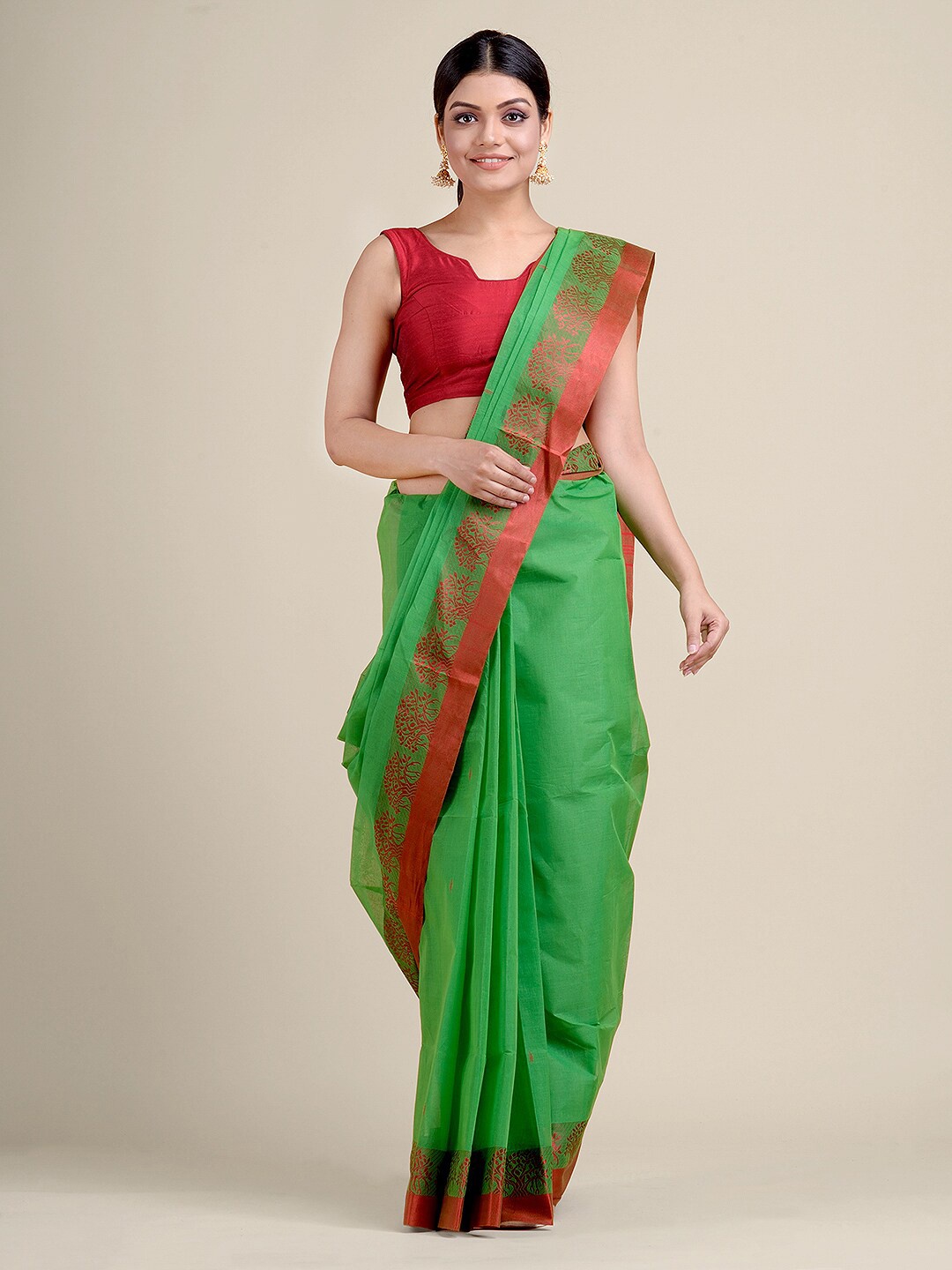 

Charukriti Women Green & Red Pure Cotton Woven Designed Saree