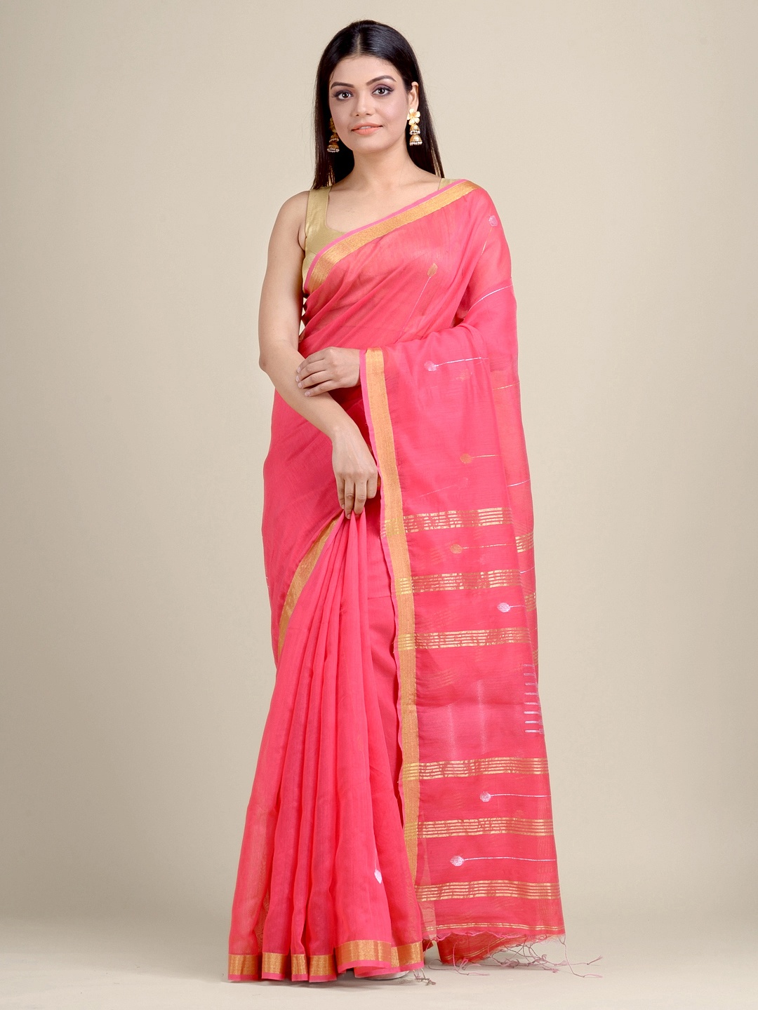 

Charukriti Women Pink & Gold Woven Designed Saree