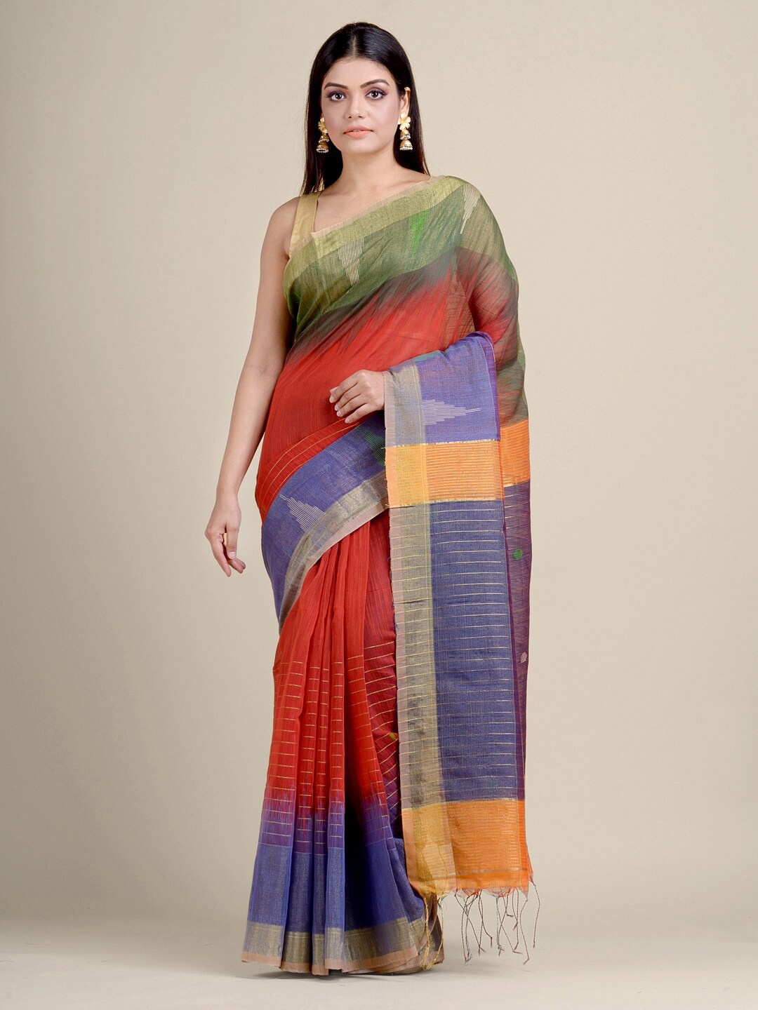 

Charukriti Red & Green Woven Design Zari Striped Saree