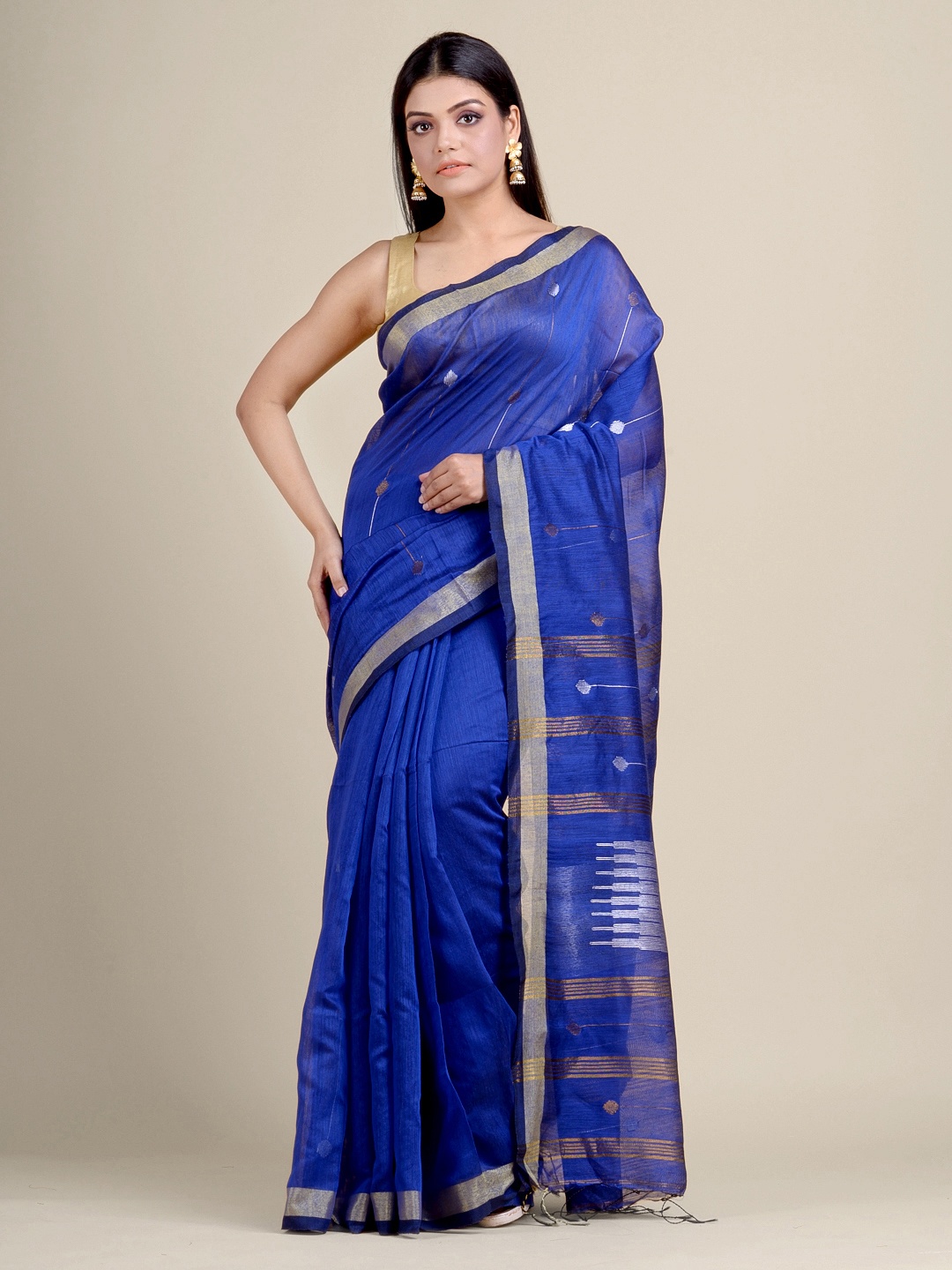 

Charukriti Women Blue & Silver Woven Design Handloom Zari Saree