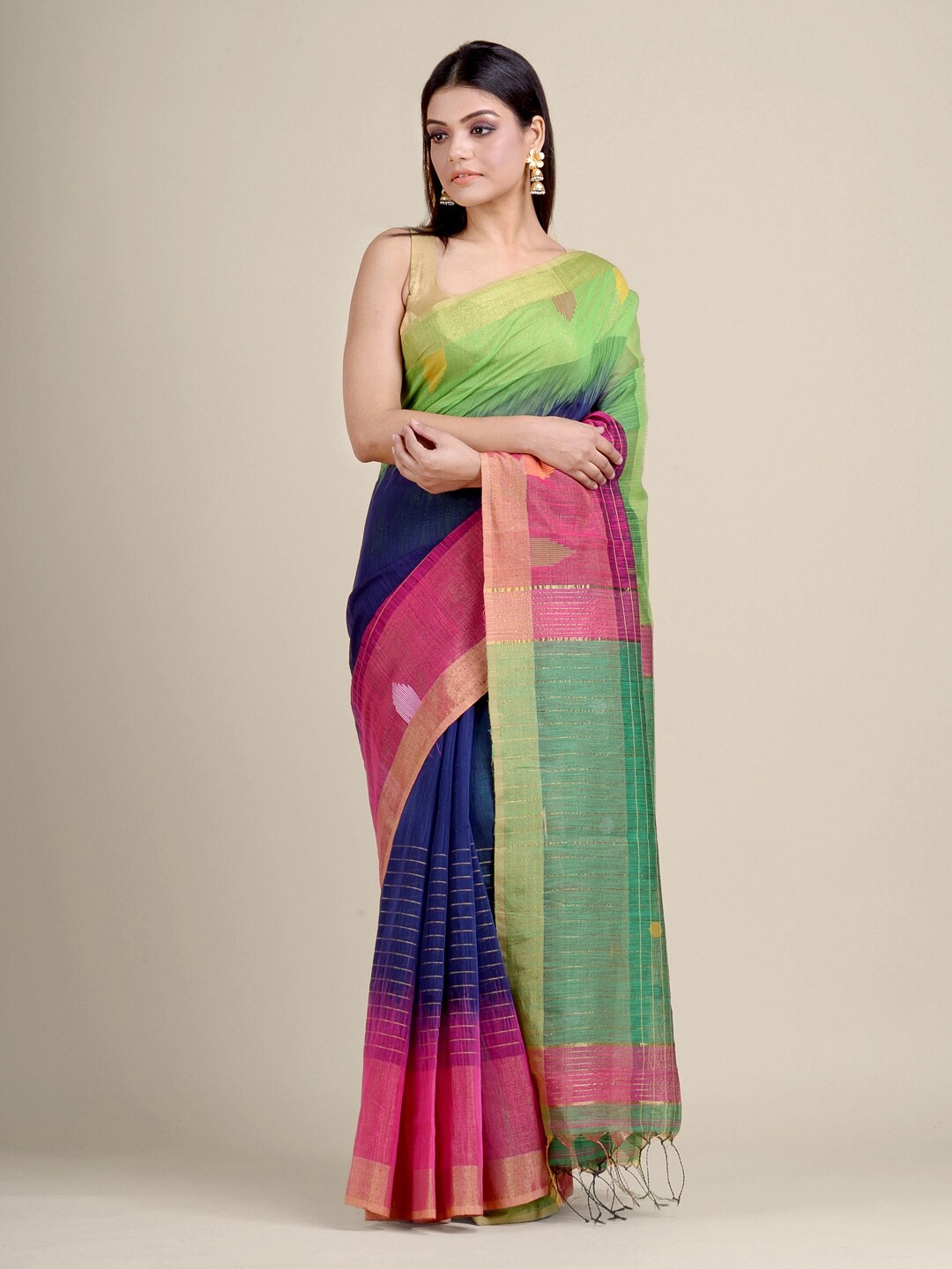 

Charukriti Blue & Green Striped Zari Saree