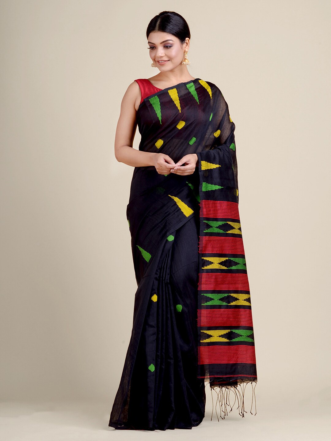 

Charukriti Black & Yellow Woven Design Saree