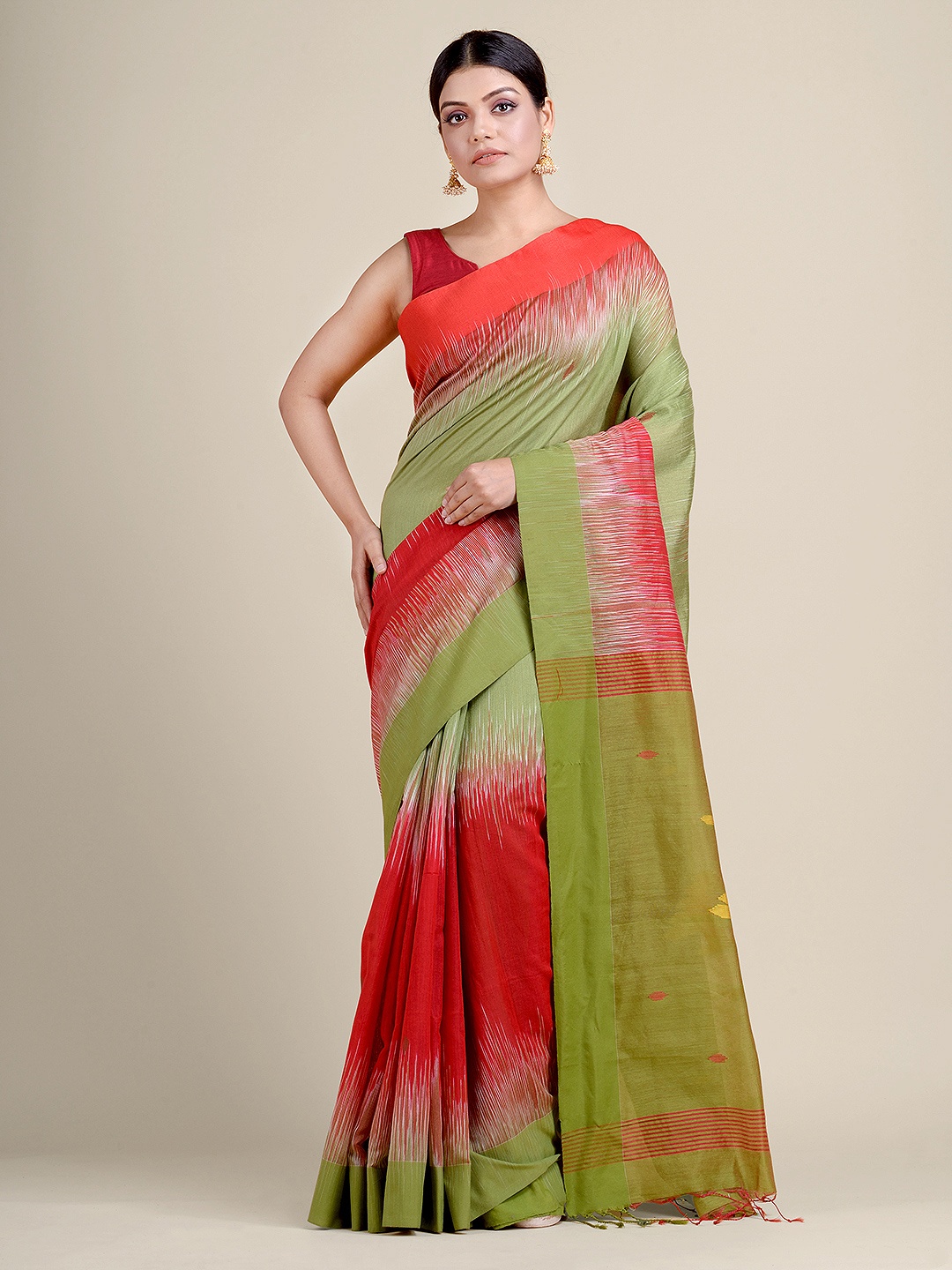 

Charukriti Green & Red Ikat Woven Design Handloom Saree