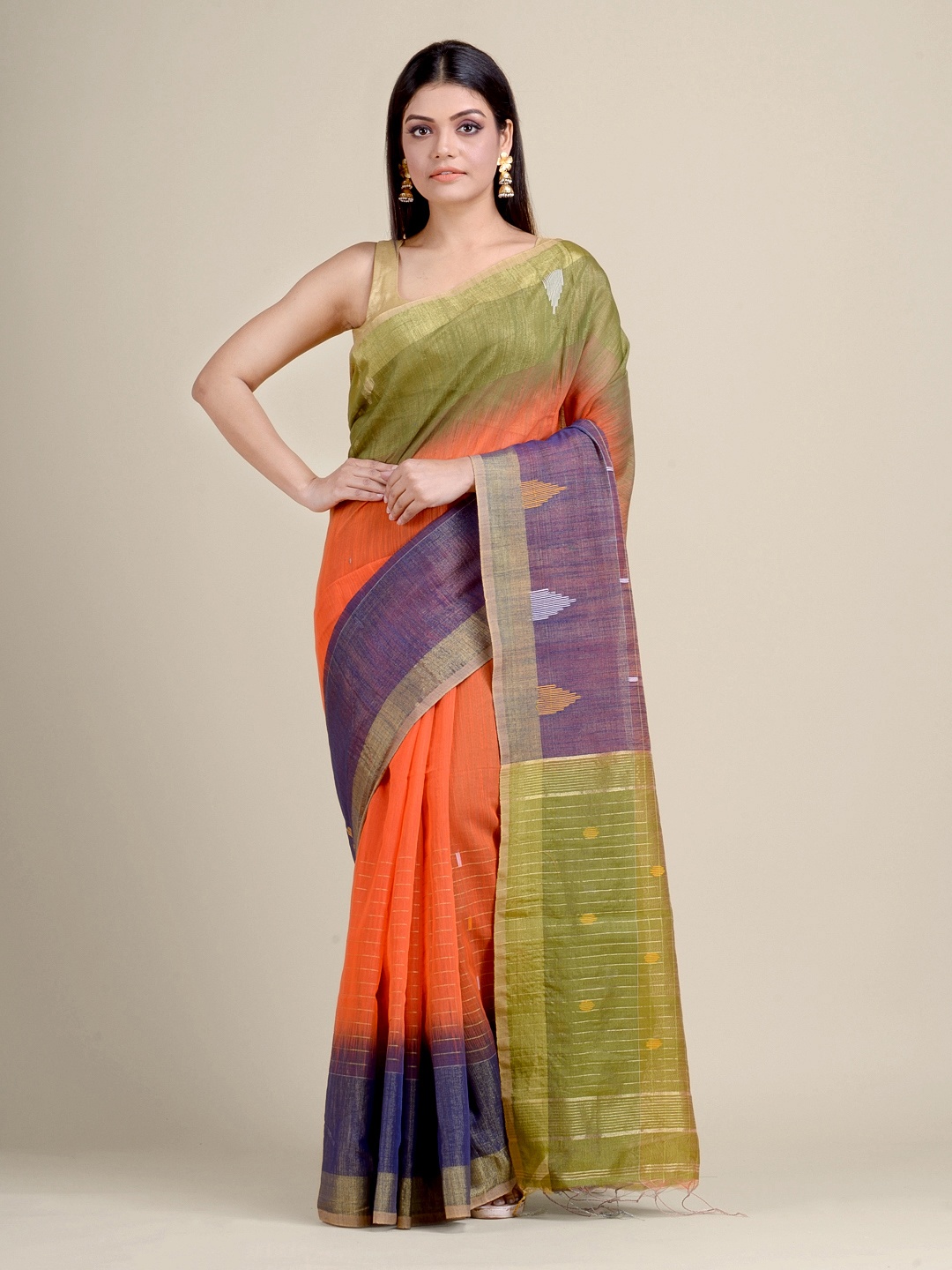 

Charukriti Orange & Green Striped Zari Saree