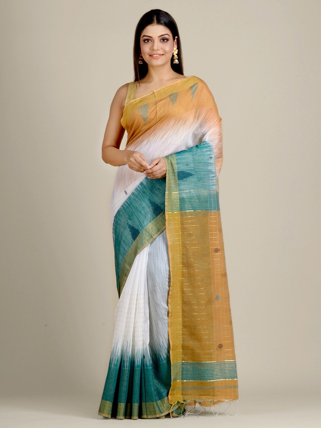 

Charukriti White & Mustard Yellow Woven Design Zari Handloom Saree