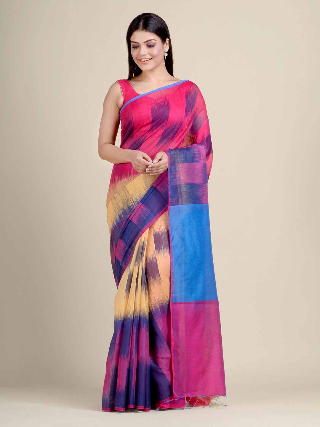 

Charukriti Pink & Blue Woven Design Ikat Saree