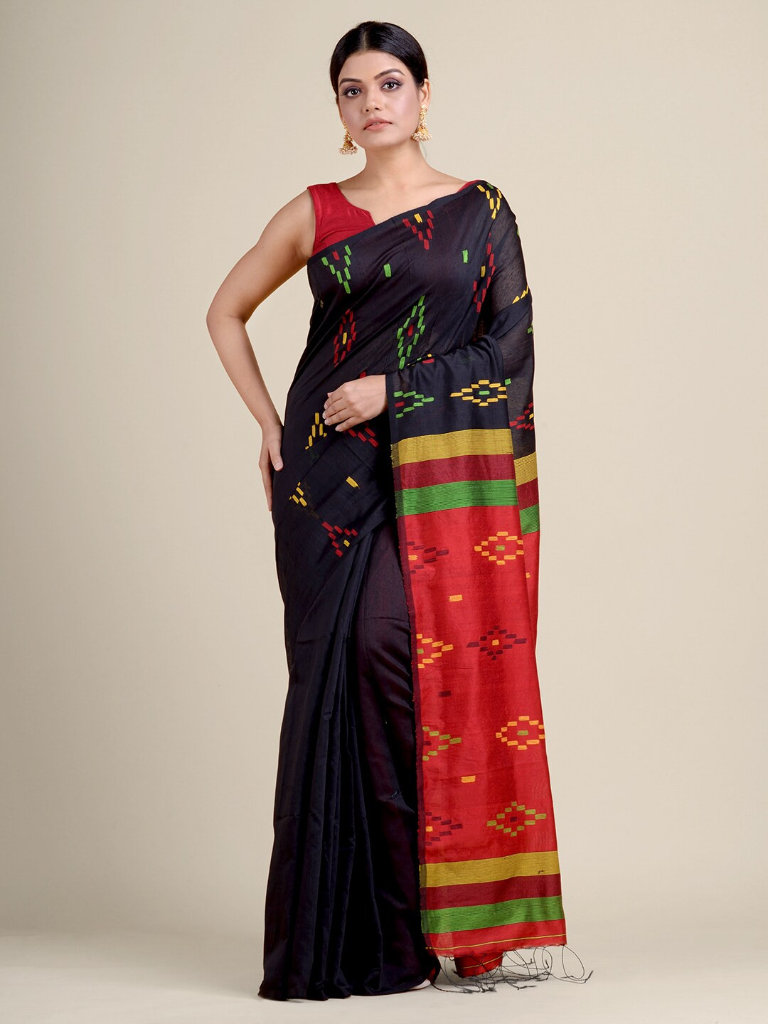 

Charukriti Cotton Black & Red Woven Design Saree