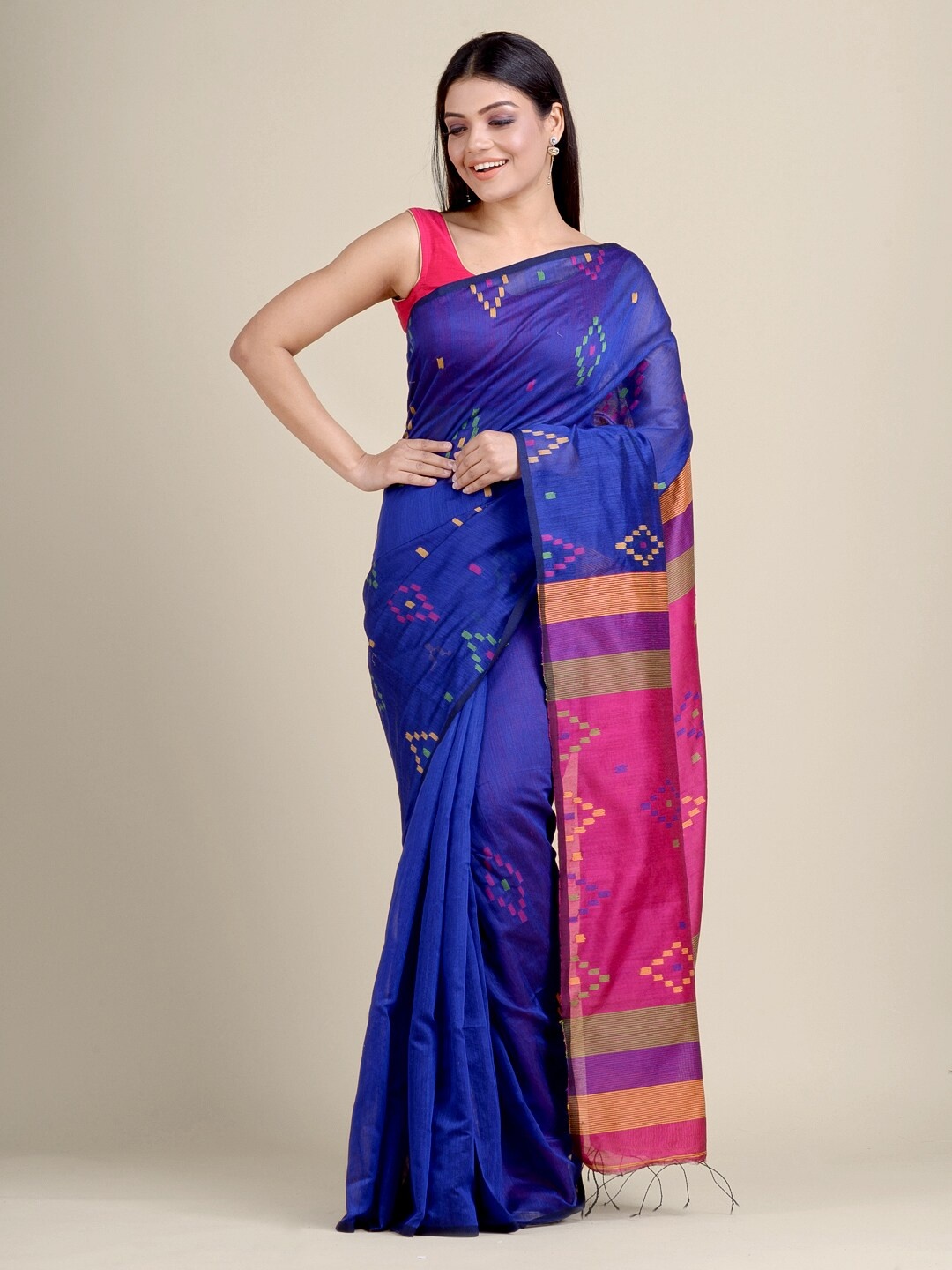 

Charukriti Blue & Pink Woven Design Saree