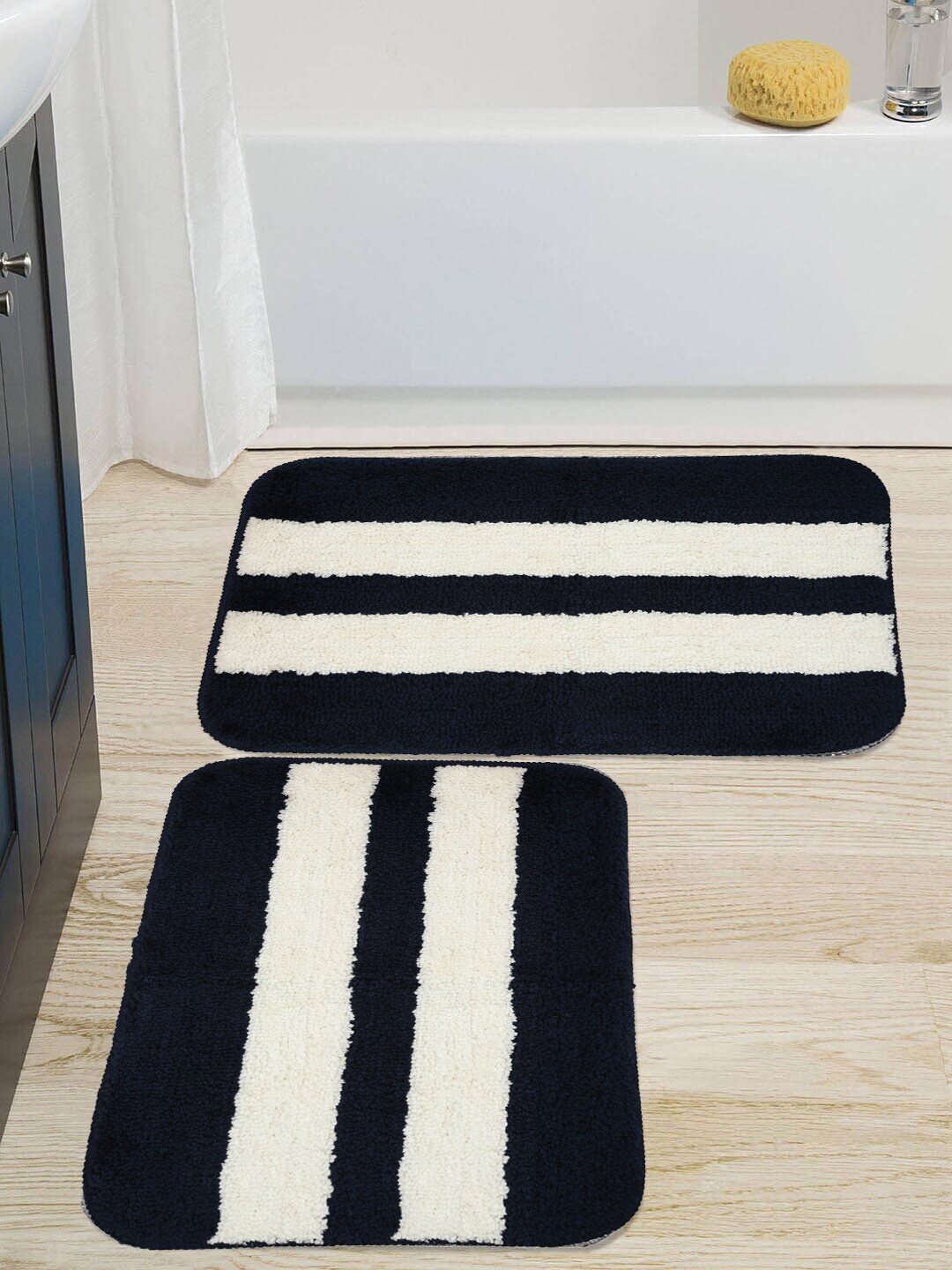 

HOSTA HOMES Pack Of 2 Navy Blue & White Striped Anti-skid Doormats