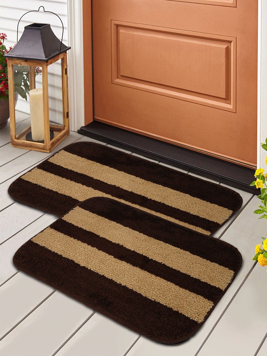 

HOSTA HOMES Set Of 2 Brown & Beige Striped Anti-Skid Doormats