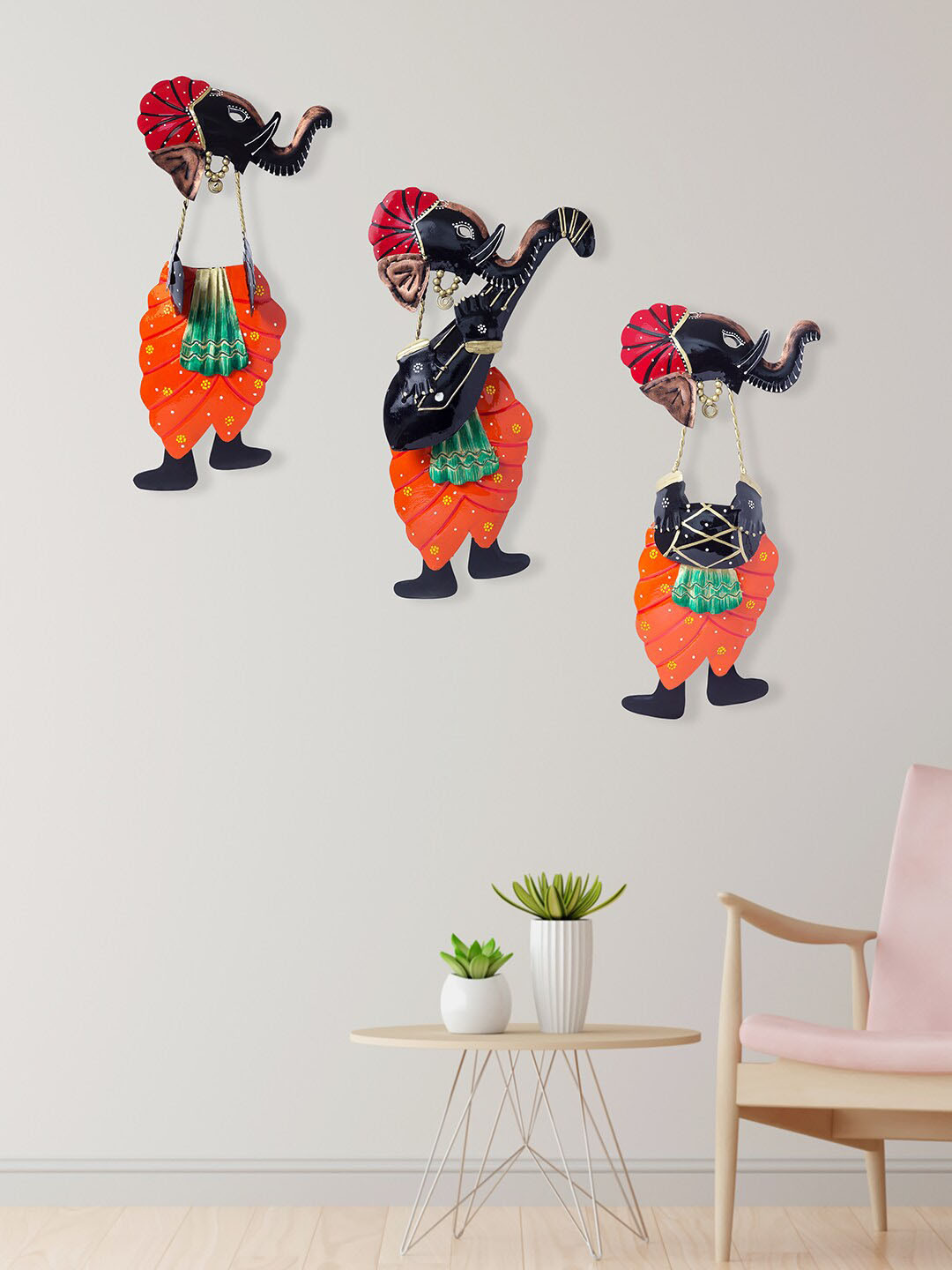 

Golden Peacock Set Of 3 Instrumental Ganesha Wall Hanging Decor, Orange