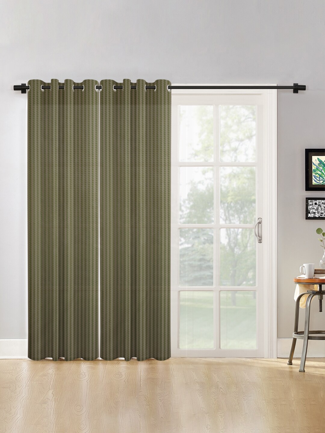 

HOSTA HOMES Olive Green Set of 2 Striped Long Door Curtain