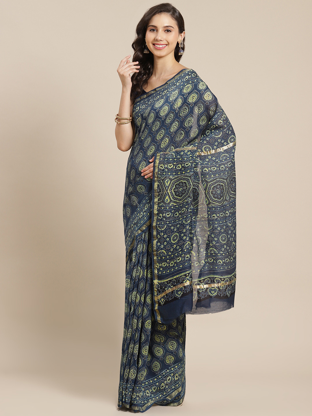 

ADITRI Navy Blue & Green Pure Silk Block Ajrakh Print Saree
