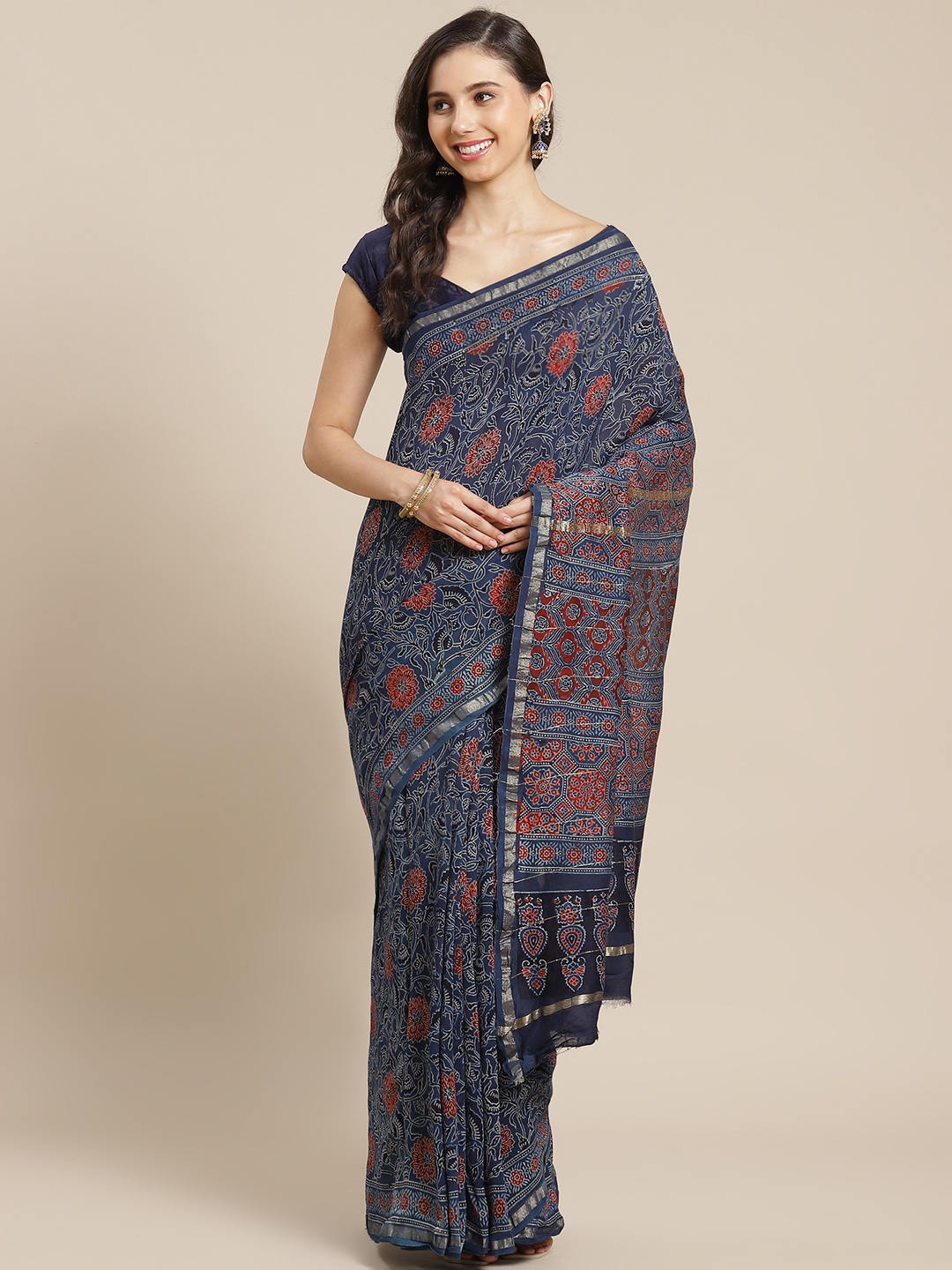 

ADITRI Navy Blue & Maroon Zari Pure Silk Block Ajrakh Print Saree