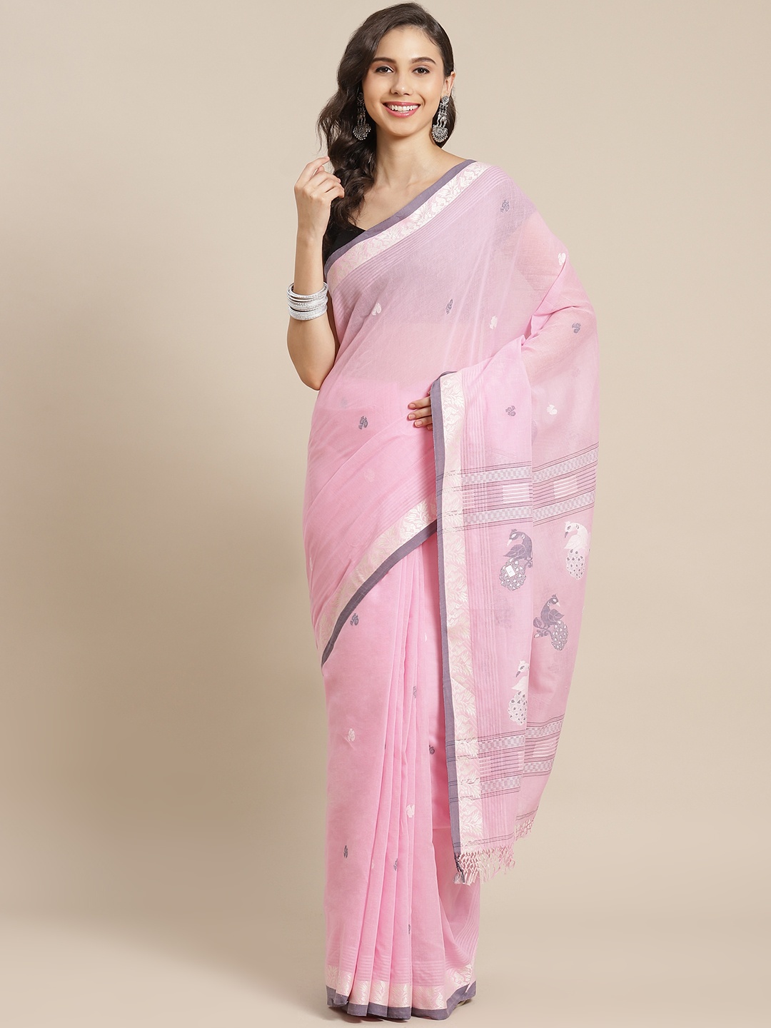 

ADITRI Pink & Grey Ethnic Motifs Pure Cotton Handloom Saree