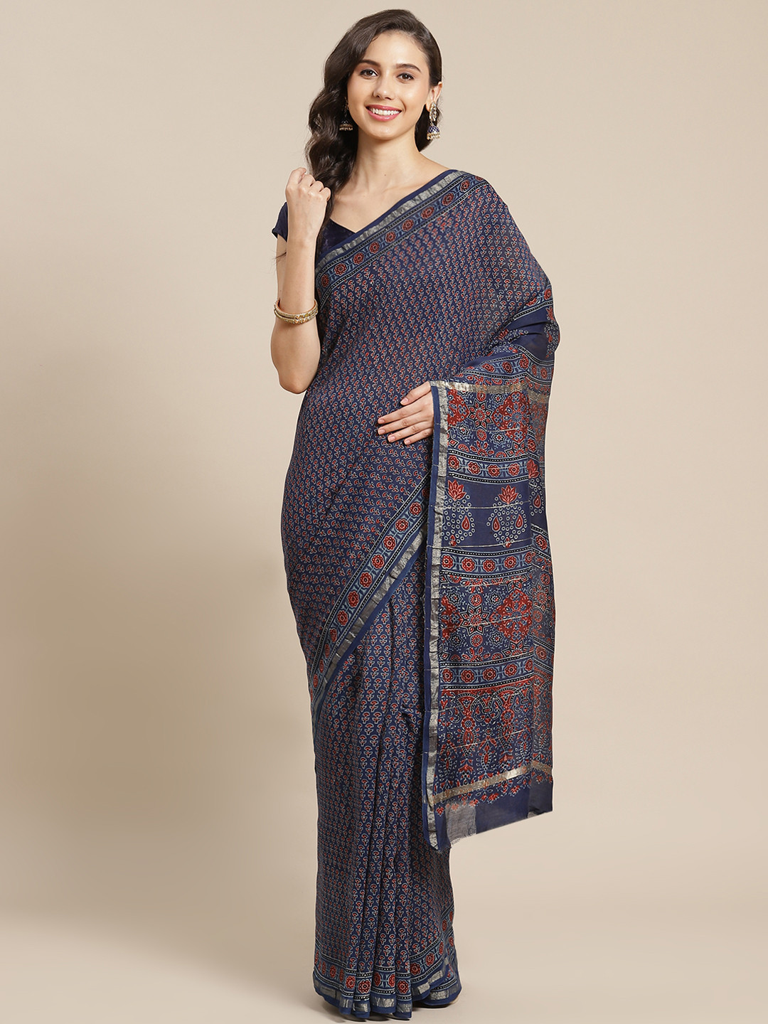 

ADITRI Navy Blue & Maroon Zari Pure Silk Ajrakh Block Print Saree