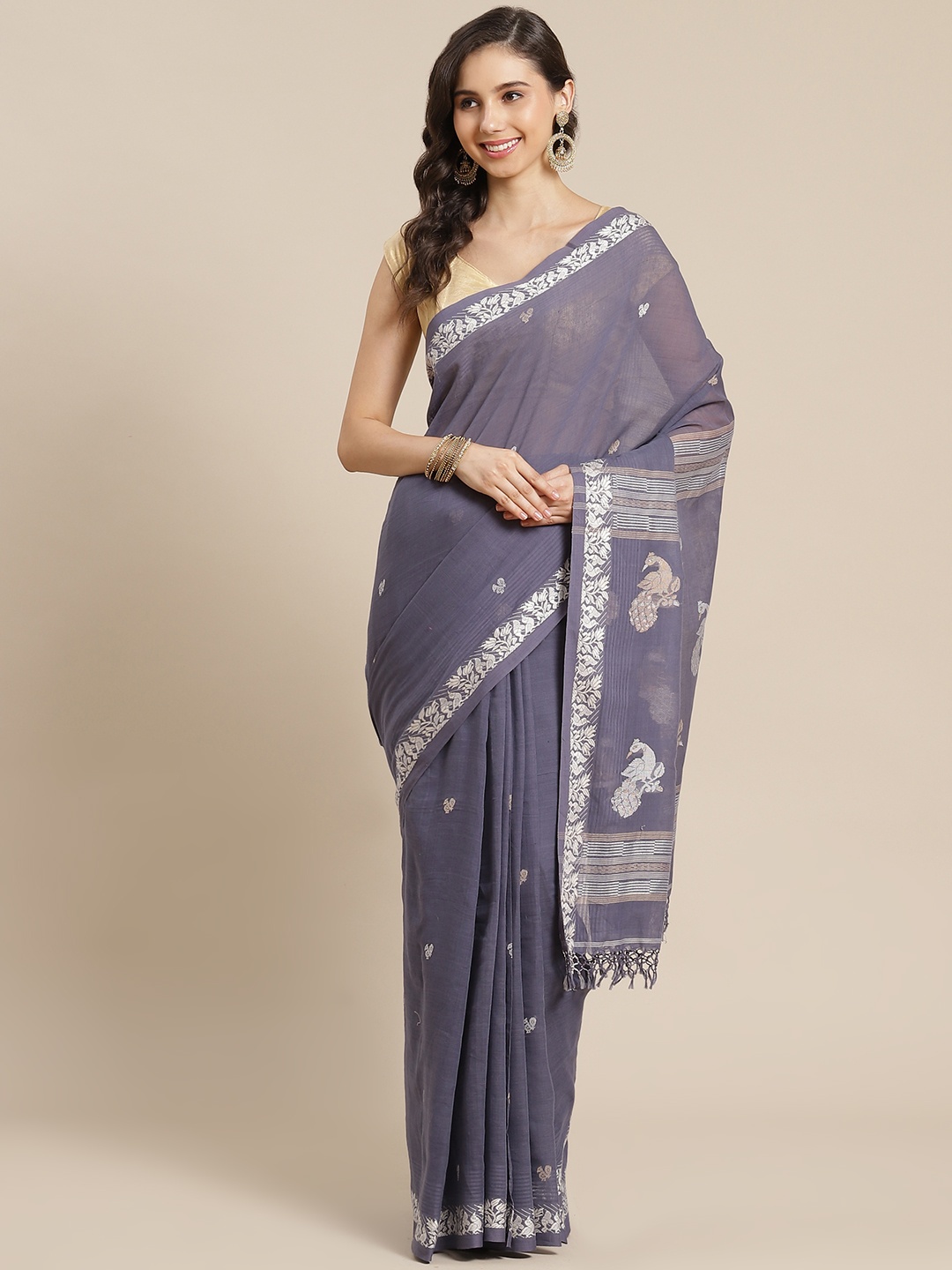 

ADITRI Blue & White Ethnic Motifs Pure Cotton Handloom Saree