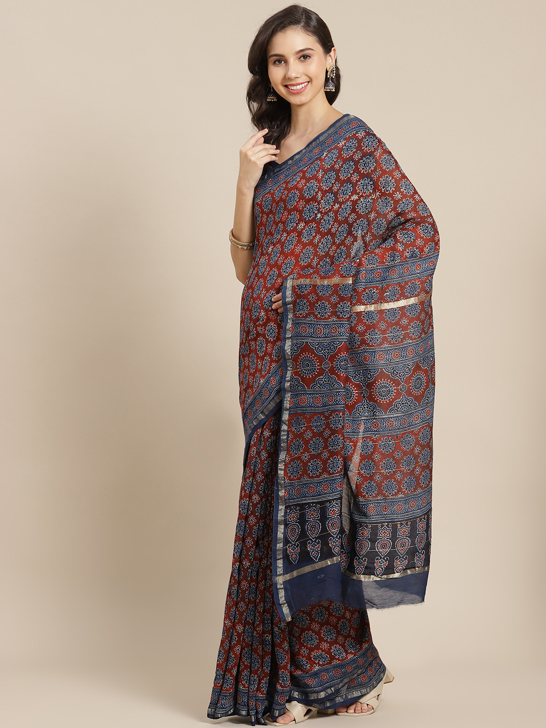 

ADITRI Madder Red & Indigo Zari Pure Silk Ajrak Block Print Saree, Rust