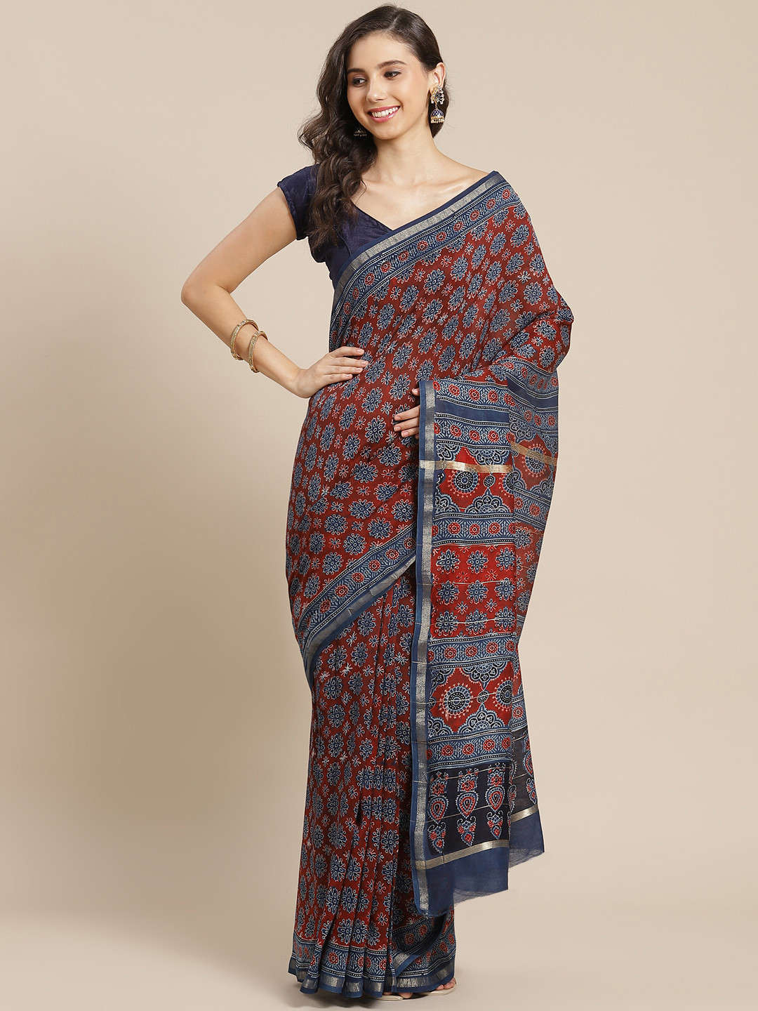 

ADITRI Madder Red & Indigo Zari Pure Silk Ajrak Block Print Saree, Rust