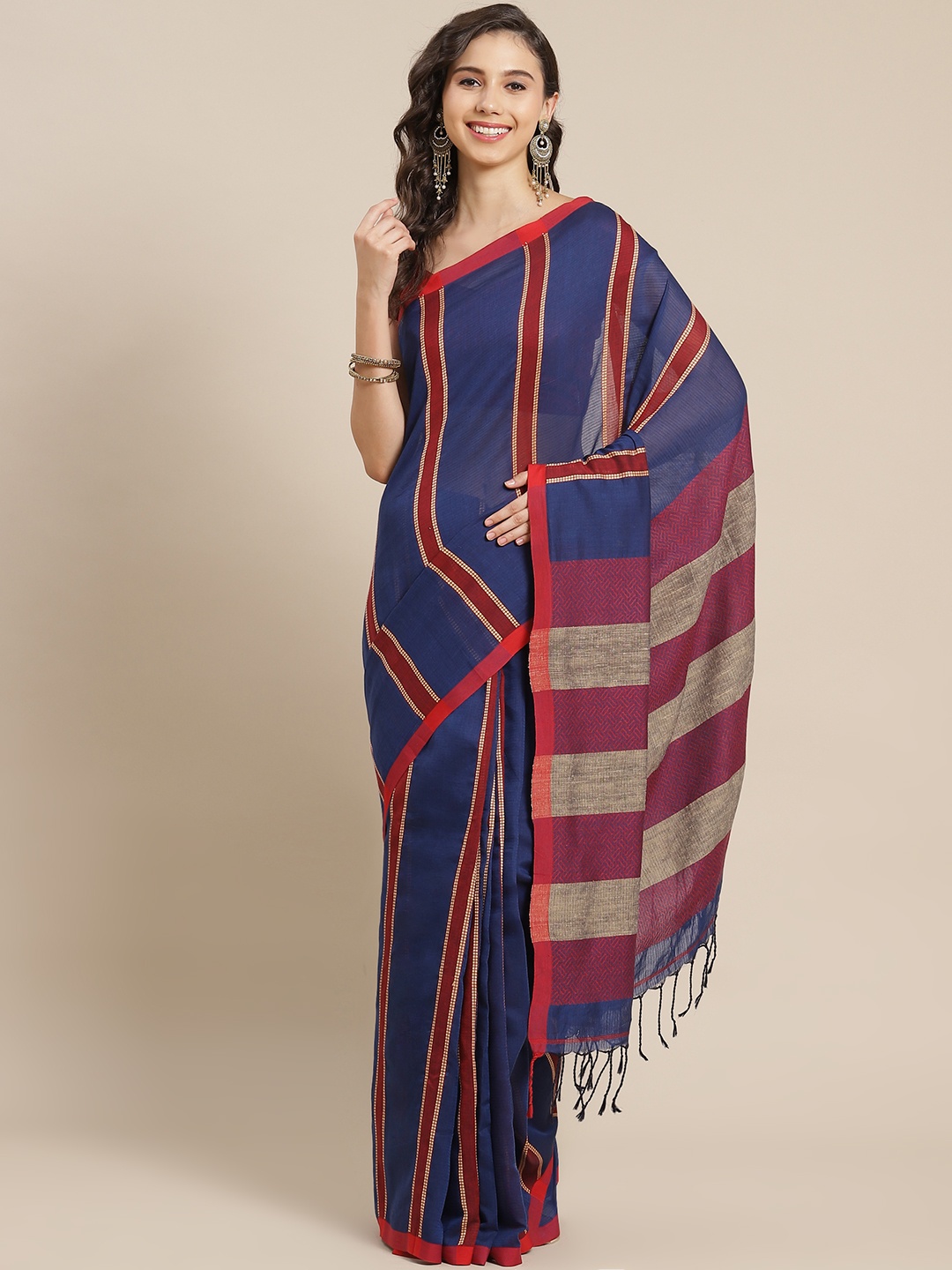 

ADITRI Navy Blue & Maroon Striped Pure Cotton Handloom Saree