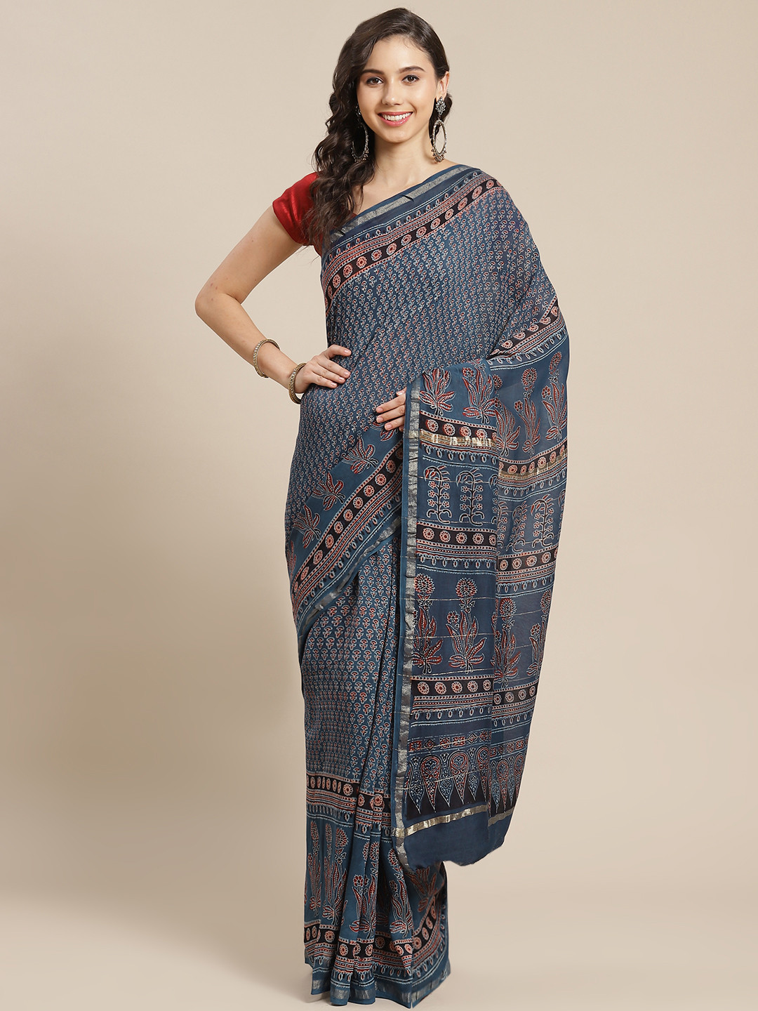 

ADITRI Indigo Zari Pure Silk Block Print Ajrak Saree, Navy blue