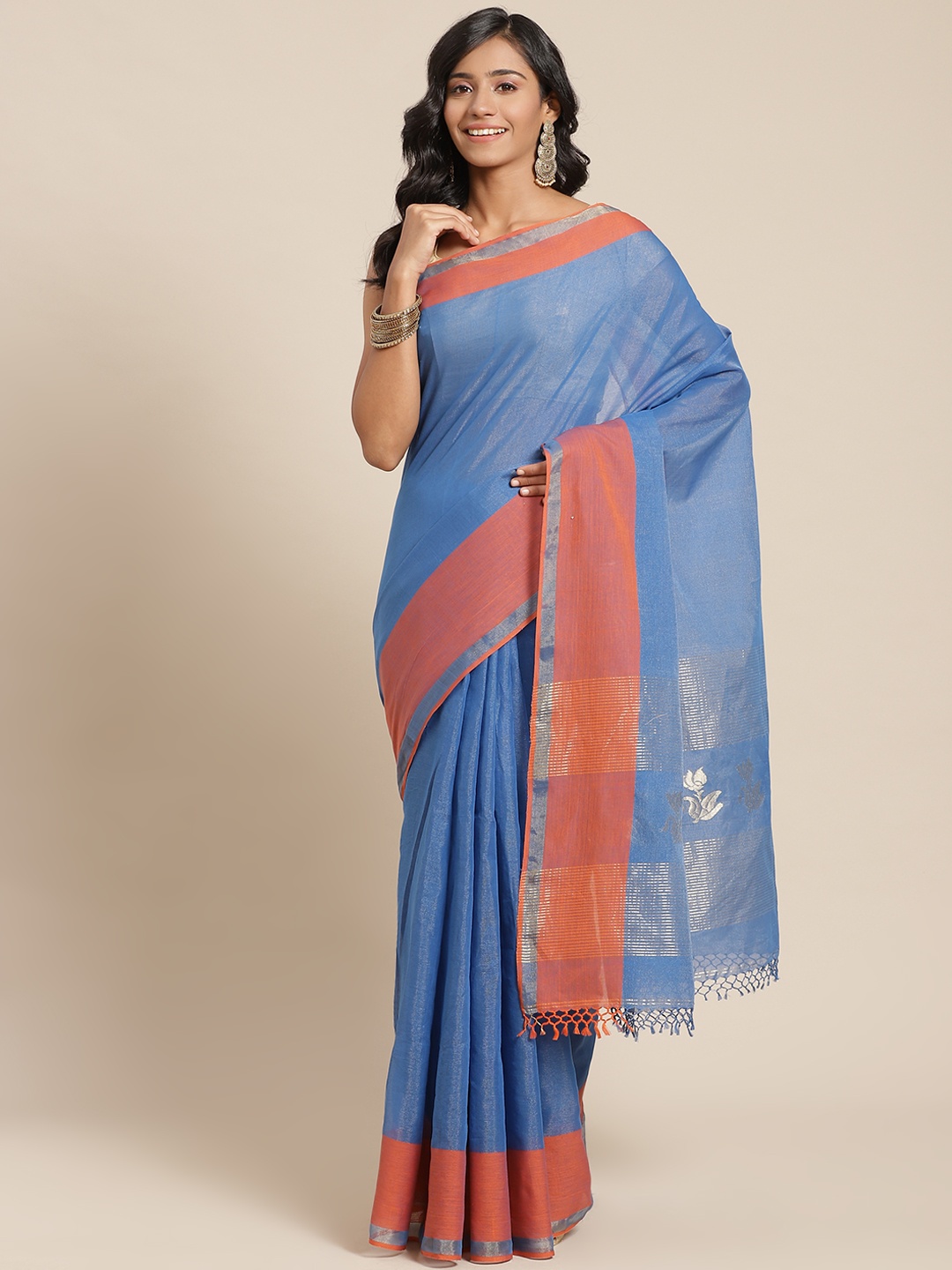 

ADITRI Handloom Blue Zari Tissue Cotton Saree