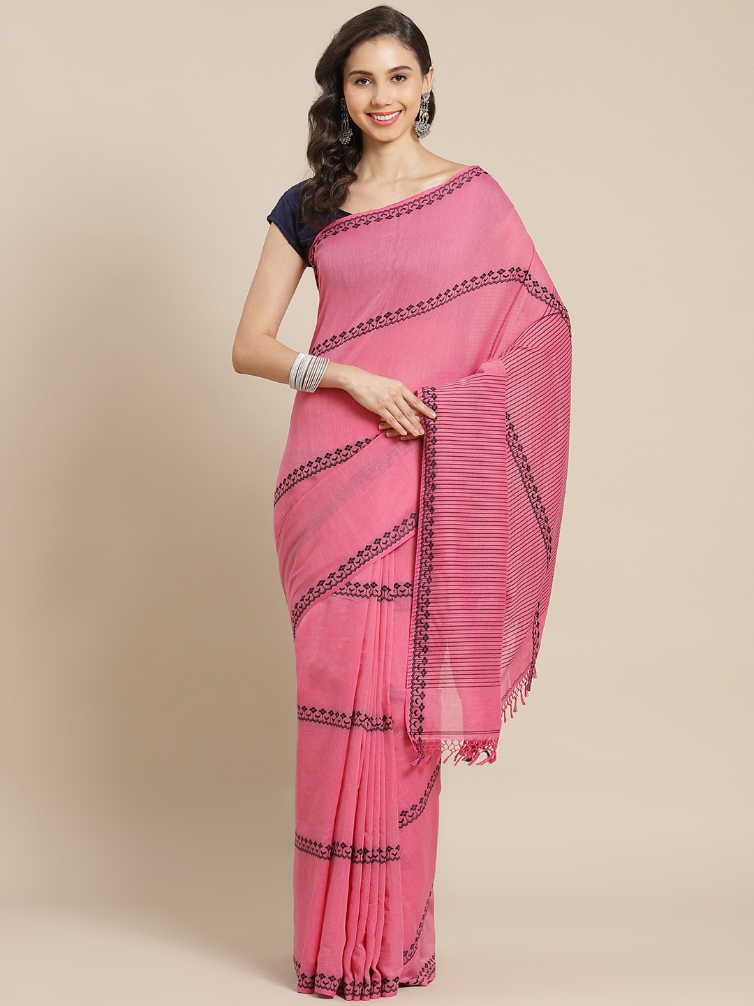 

ADITRI Pink & Black Striped Pure Cotton Saree