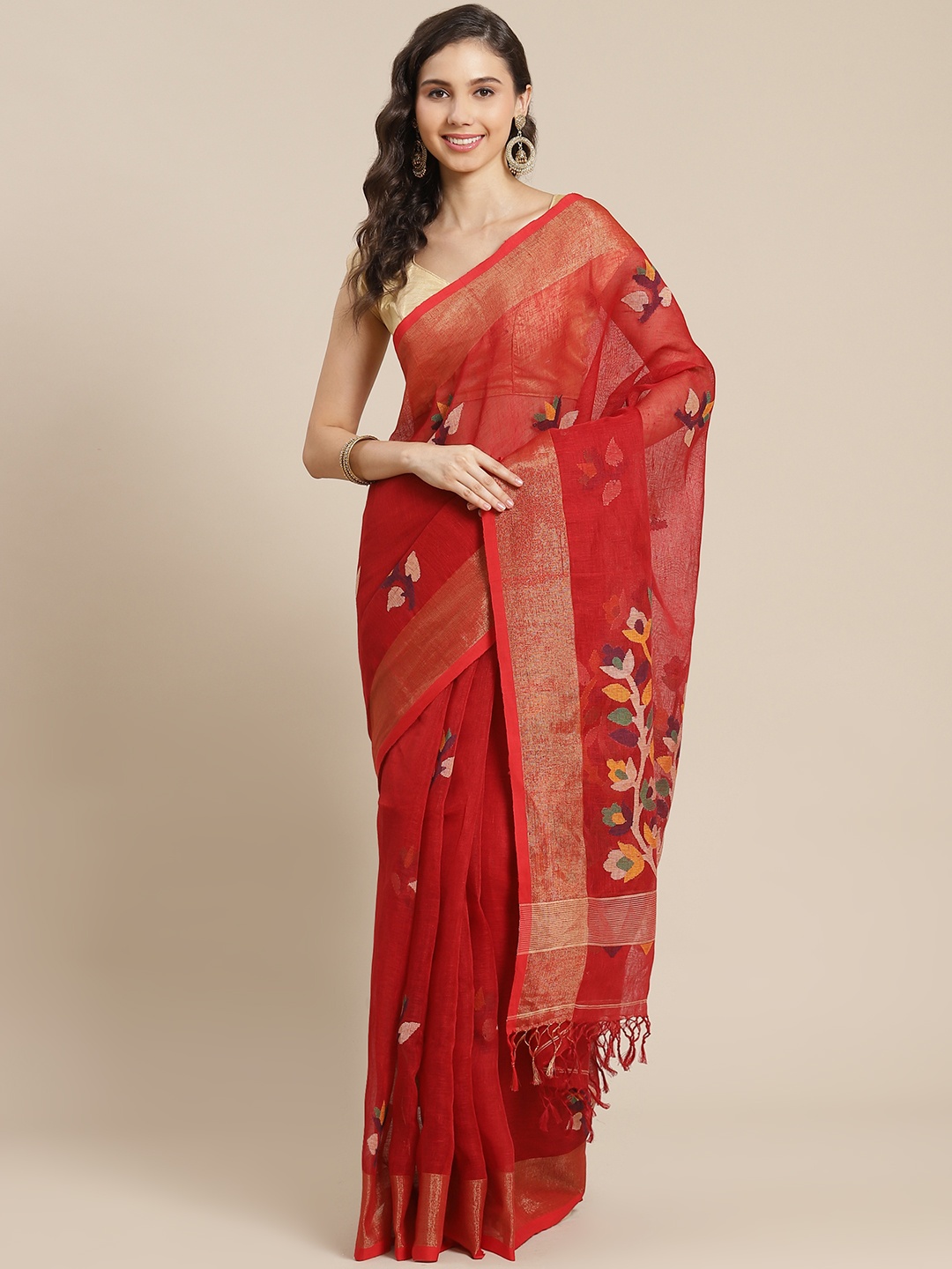 

ADITRI Maroon & Yellow Floral Handloom Jamdani Saree