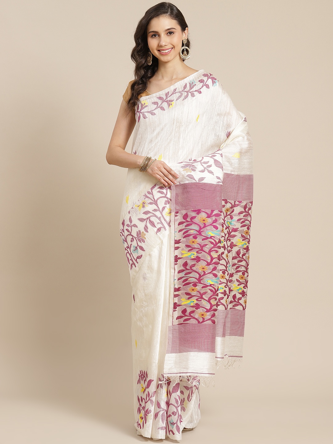 

ADITRI Handloom Off-White & Pink Ethnic Motifs Pure Silk Jamdani Saree