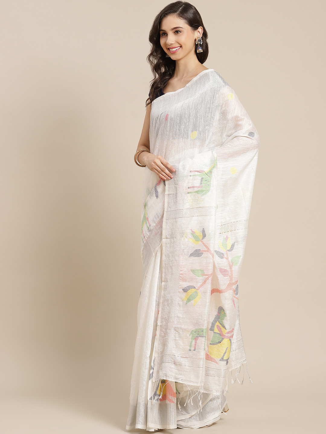 

ADITRI Off-White Ethnic Motifs Print Pure Silk Jamdani Saree