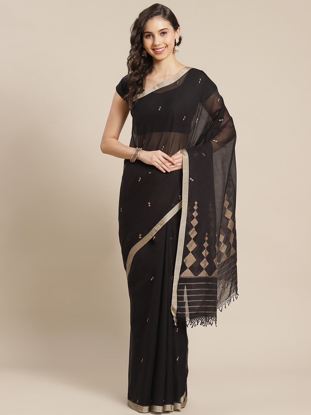 

ADITRI Black & Beige Zari Pure Cotton Jamdani Saree