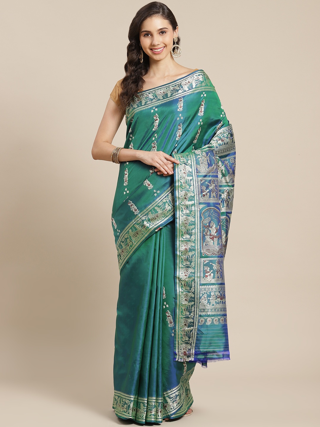 

ADITRI Green & Golden Ethnic Motifs Pure Silk Baluchari Saree