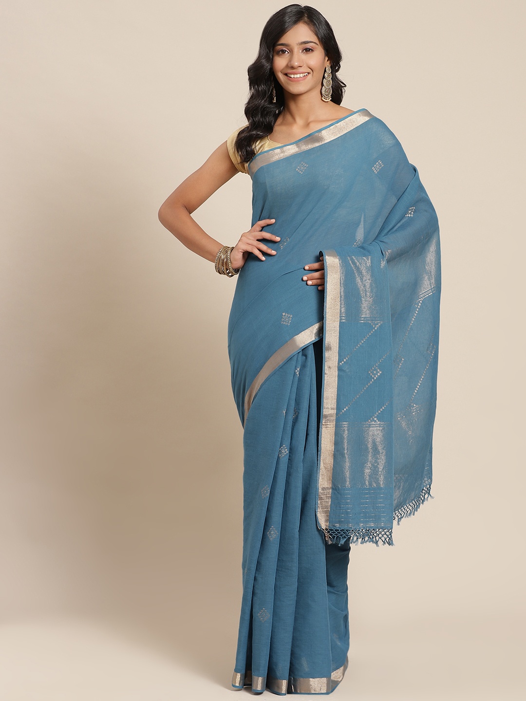 

ADITRI Teal Blue Ethnic Motifs Zari Pure Cotton Saree