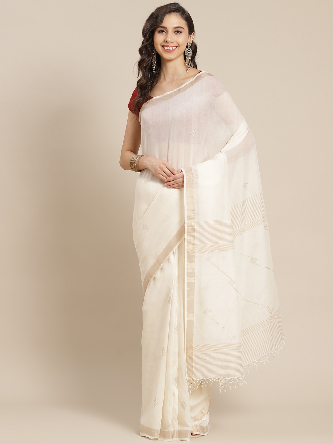 

ADITRI Off White & Golden Zari Pure Cotton Saree