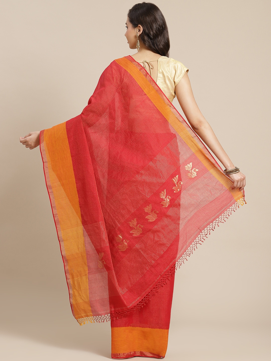 

ADITRI Handloom Red Zari Handloom Tissue Saree