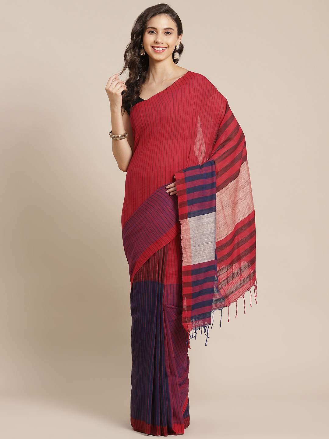 

ADITRI Handloom Red & Navy Blue Striped Handloom Pure Cotton Saree