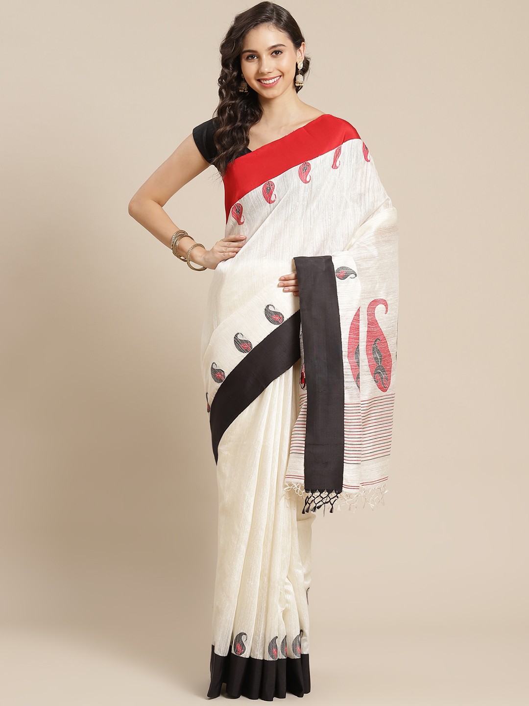 

ADITRI Off-White & Red Paisley Handloom Pure Korial Silk Saree