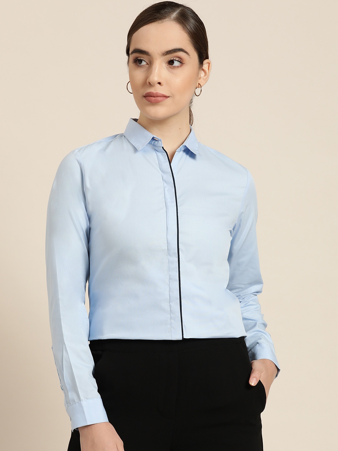 

Hancock Women Blue Cotton Solid Slim Fit Formal Shirt