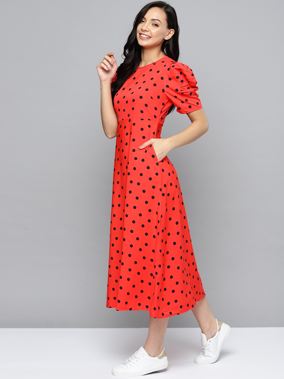 

Mast & Harbour Coral Red & Navy Blue Polka Dots Printed Midi Fit & Flare Dress