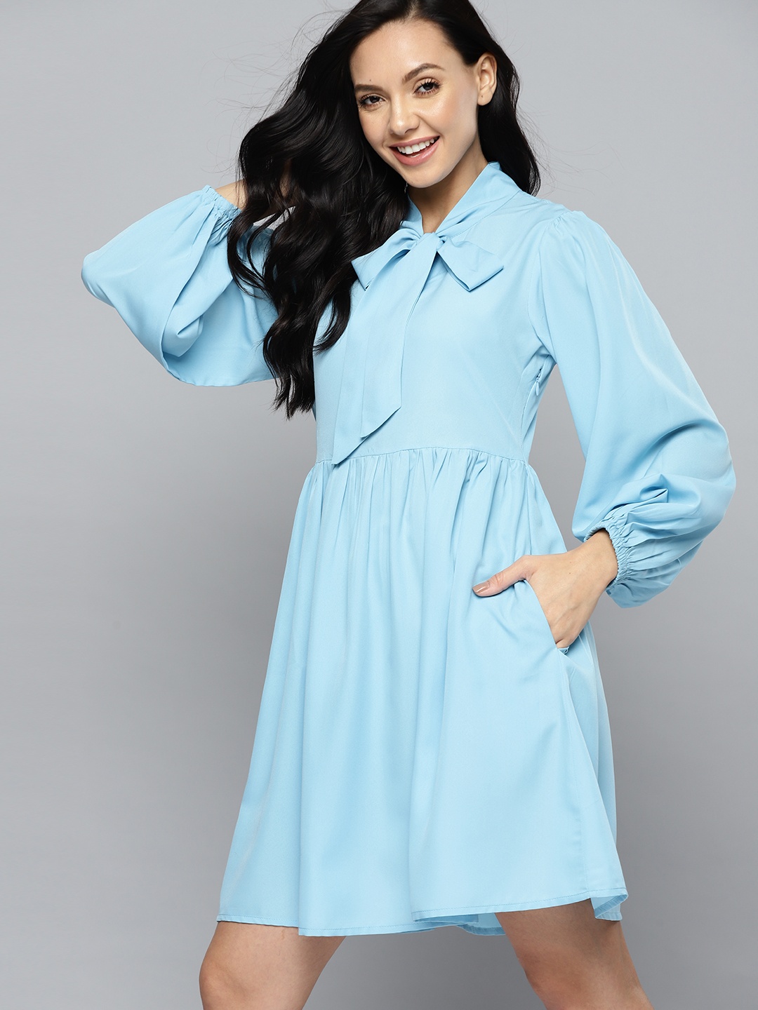 

Mast & Harbour Blue Tie-Up Neck A-Line Dress