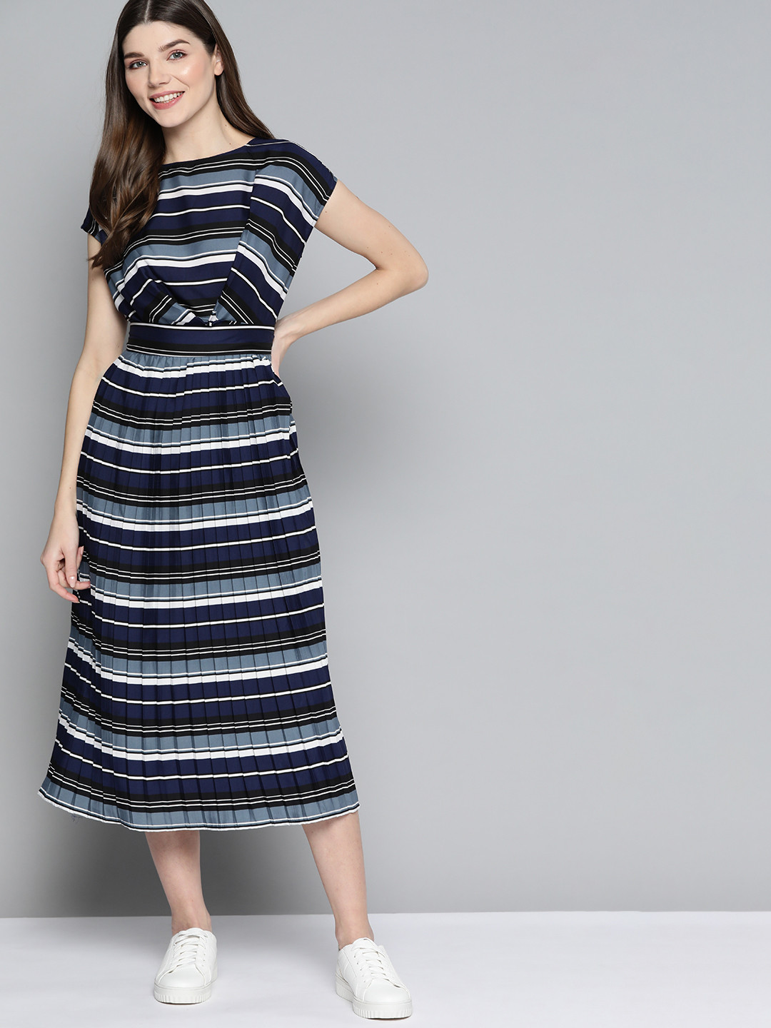 

Mast & Harbour Navy Blue & Black Striped A-Line Midi Dress with Belt