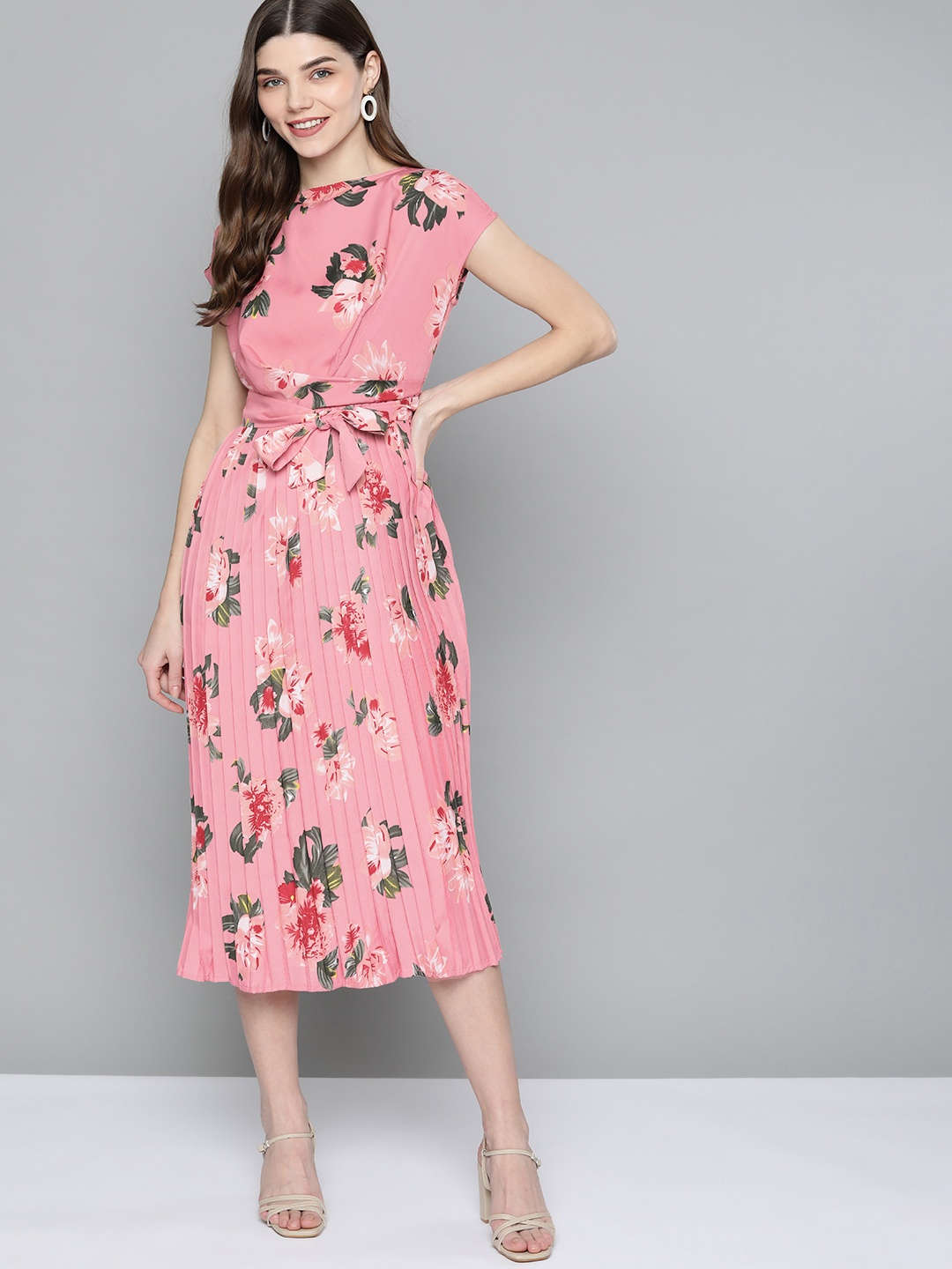 

Mast & Harbour Women Pink & Green Floral A-Line Accordion Pleats Midi Dress