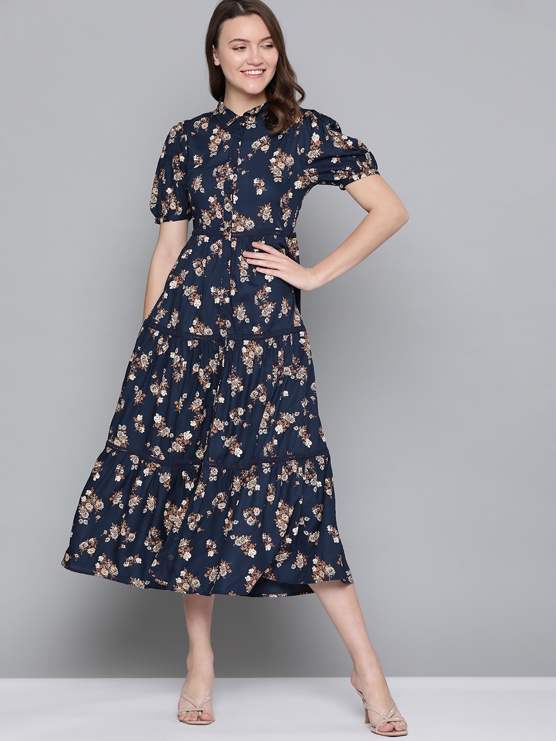 

Mast & Harbour Women Navy Blue & Beige Floral Printed Midi Tiered Shirt Dress